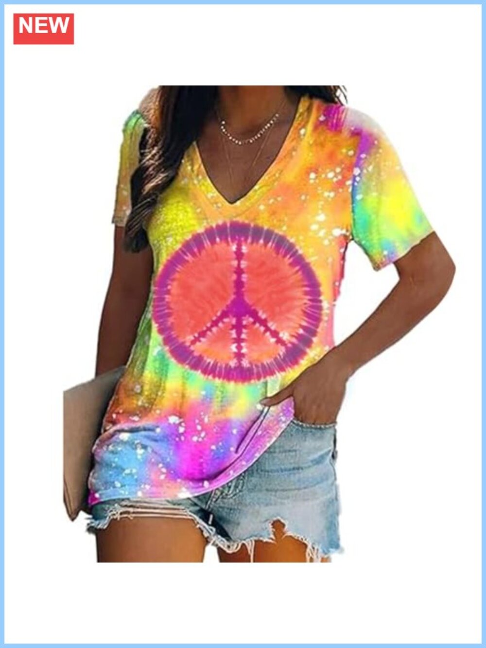 Women Hippie Tie Dye Peace Sign T-Shirt Short Sleeve V-Neck Retro Top
